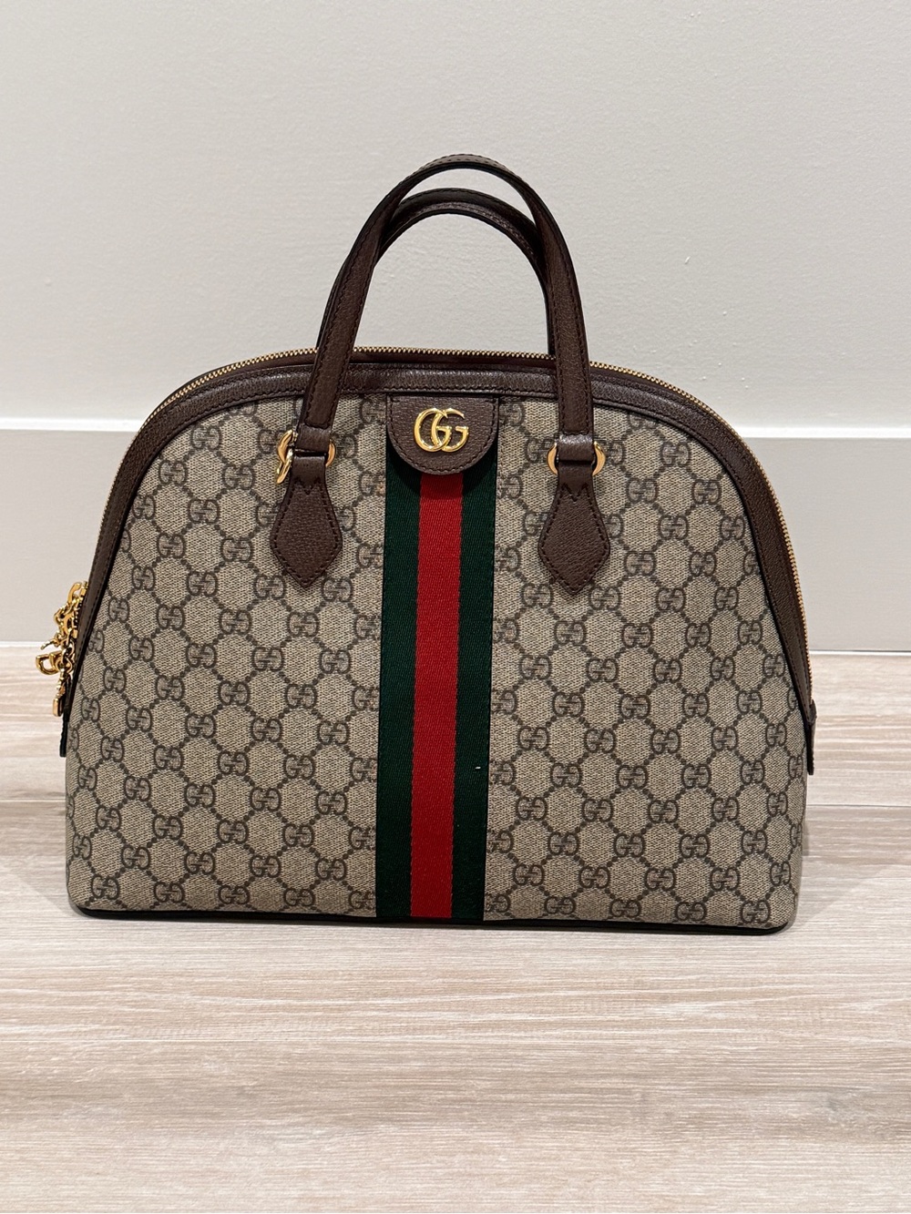 Gucci Brown/Beige GG Canvas Satchel with Green-Red Web Stripe